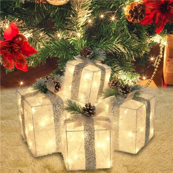 Set of 4 Christmas Lighted Gift Boxes, Pre-lit Light up Present Set with - Picture 4 of 8